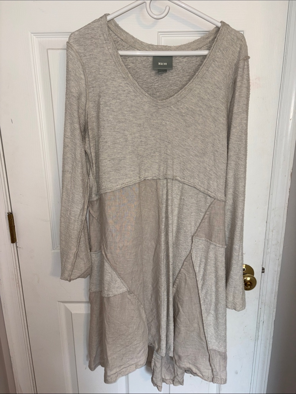 Maeve Neutral Patchwork V-Neck Long-Sleeve Dress